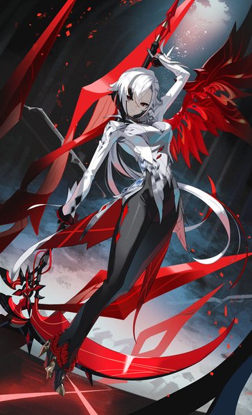 Anime picture 728x1200 with genshin impact arlecchino (genshin impact) scottie (phantom2) single long hair tall image looking at viewer full body white hair multicolored hair black eyes high heels streaked hair low ponytail single wing girl weapon wings pants scythe