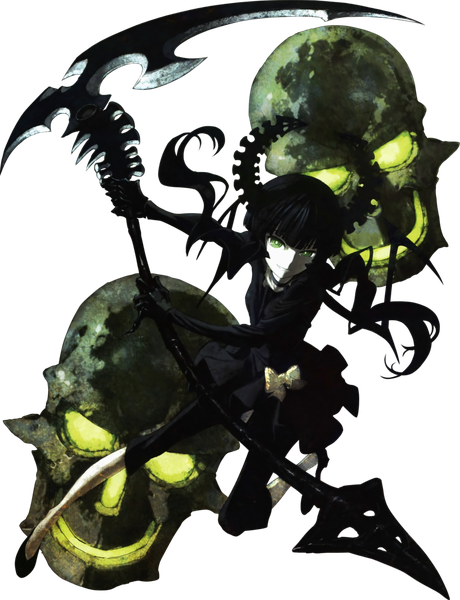 Anime picture 783x1021 with black rock shooter dead master huke single long hair tall image looking at viewer fringe black hair smile green eyes full body bent knee (knees) blunt bangs horn (horns) transparent background white skin girl dress weapon