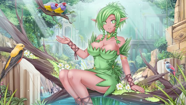 Anime picture 2048x1152 with crystalline earth spirit (crystalline) single looking at viewer fringe highres short hair breasts light erotic smile wide image large breasts sitting green eyes outdoors ponytail braid (braids) hair flower green hair pointy ears