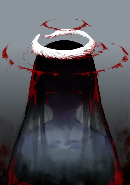 Anime picture 800x1131 with original jaco single long hair tall image looking at viewer black hair simple background red eyes upper body grey background tears crying blood on face girl blood halo