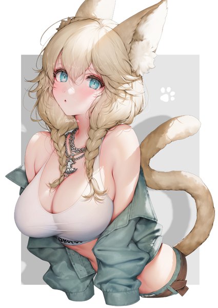 Anime picture 900x1272 with final fantasy final fantasy xiv square enix miqo'te senchat single long hair tall image looking at viewer blush fringe open mouth light erotic simple background blonde hair hair between eyes bare shoulders signed animal ears upper body