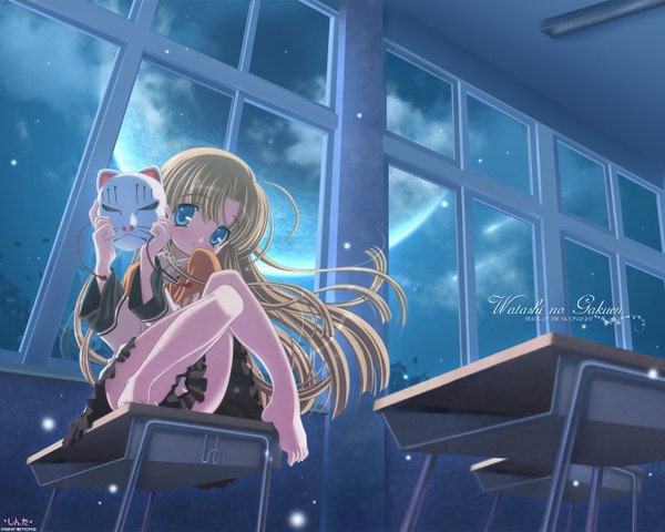 Anime picture 1280x1024 with long hair blue eyes light erotic blonde hair sky pantyshot classroom uniform underwear panties school uniform mask