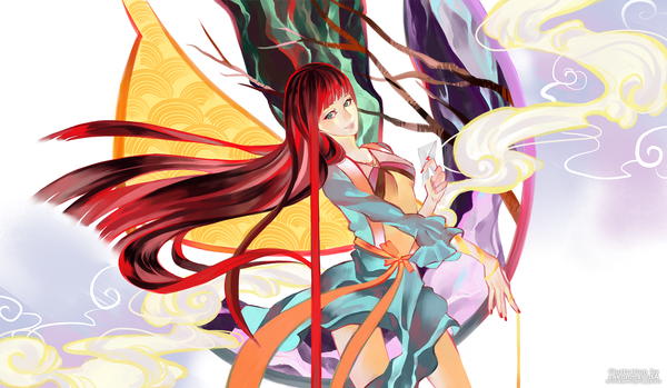Anime picture 1380x804 with shin sekai yori a-1 pictures akizuki maria shinkami single long hair looking at viewer fringe blue eyes black hair wide image red hair multicolored hair inscription two-tone hair outstretched arm smoke girl ribbon (ribbons) plant (plants)