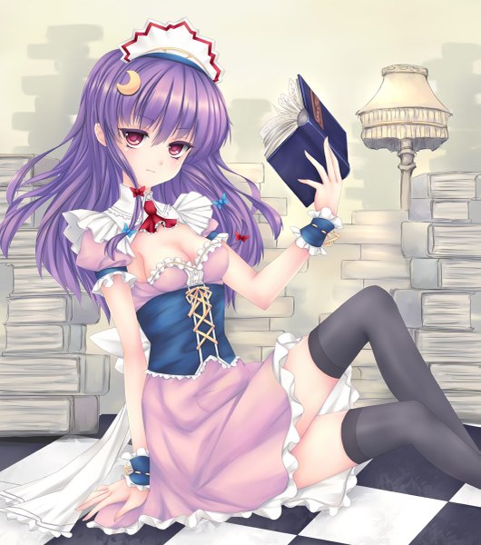 Anime picture 1061x1200 with touhou patchouli knowledge fred0092 long hair tall image looking at viewer breasts light erotic purple eyes cleavage purple hair arm support maid alternate costume checkered floor crescent thighhighs hair ornament bow black thighhighs