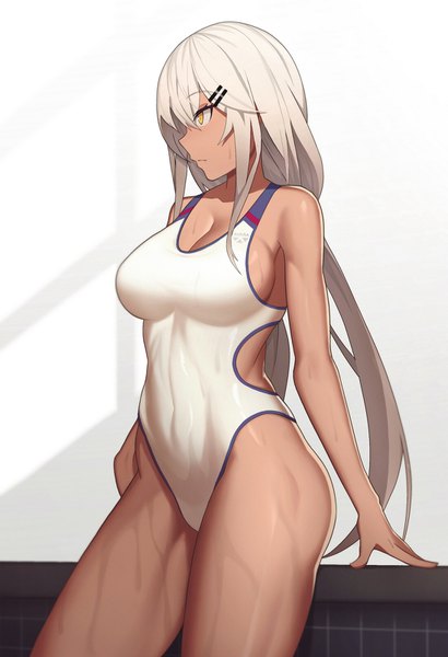 Anime picture 1095x1600 with girls frontline m590 (girls frontline) cero (last2stage) single long hair tall image fringe breasts light erotic hair between eyes large breasts standing bare shoulders yellow eyes payot cleavage silver hair wet thighs sideboob