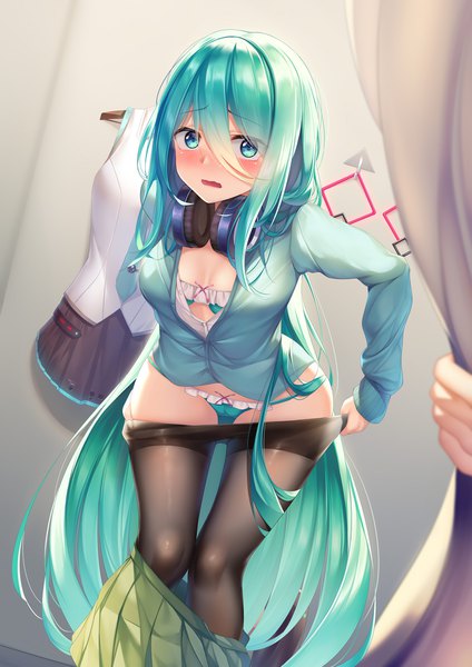 Anime picture 1400x1980 with go-toubun no hanayome vocaloid hatsune miku nakano miku meion tall image looking at viewer blush fringe breasts open mouth light erotic hair between eyes standing cleavage indoors very long hair pleated skirt aqua eyes aqua hair