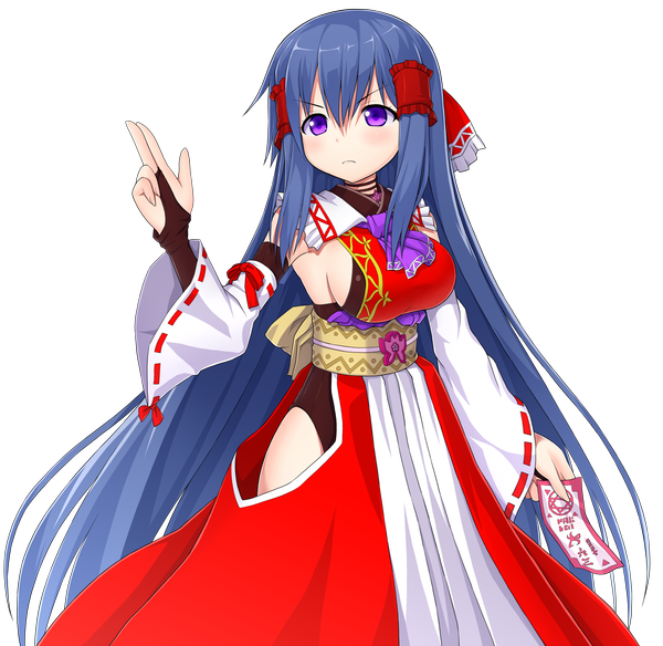 Anime picture 1500x1462 with touhou hakurei miko asamura hiori single breasts large breasts purple eyes blue hair very long hair traditional clothes transparent background miko girl detached sleeves ofuda