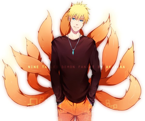 Anime picture 1207x1010 with naruto studio pierrot naruto (series) uzumaki naruto akubaka single short hair blue eyes simple background blonde hair white background animal tail inscription facial mark fox tail multiple tails whisker markings hands in pockets jinchuriki boy