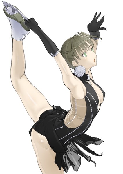 Anime picture 1158x1637 with original nakabayashi reimei single tall image short hair open mouth light erotic simple background brown hair white background green eyes girl dress gloves elbow gloves skates