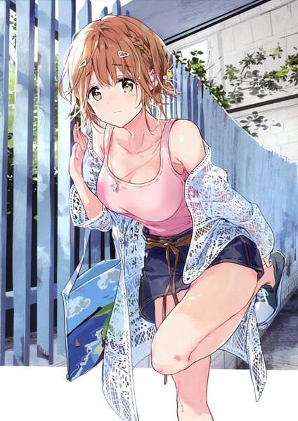 Anime picture 2399x3395 with masamune-kun no revenge silver link koiwai yoshino tiv single tall image looking at viewer blush fringe highres short hair breasts hair between eyes brown hair large breasts standing bare shoulders brown eyes cleavage outdoors
