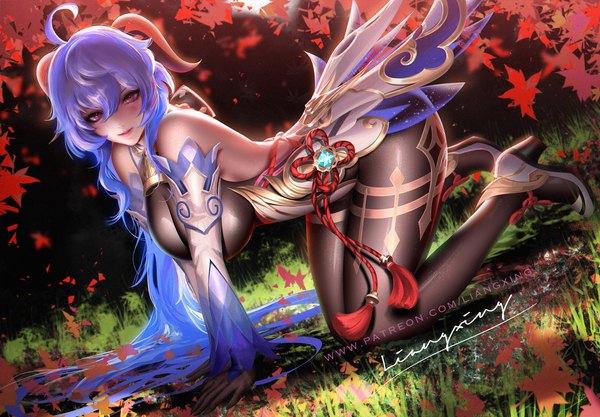 Anime picture 1554x1080 with genshin impact ganyu (genshin impact) liang xing single long hair looking at viewer blush fringe breasts smile hair between eyes large breasts purple eyes signed payot blue hair full body ahoge outdoors ass