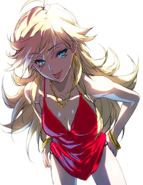 Anime picture 630x810 with panty & stocking with garterbelt anarchy panty pizaya single long hair tall image looking at viewer blue eyes light erotic blonde hair simple background white background undressing :p girl dress underwear panties tongue necklace