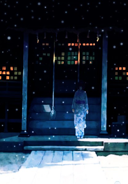 Аниме картинка 834x1200 с оригинальное изображение rery rr23 один (одна) высокое изображение короткие волосы чёрные волосы закрытые глаза традиционная одежда японская одежда снегопад зима девушка кимоно лестница юката тории