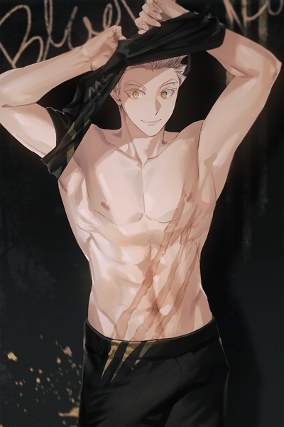 Anime picture 900x1350 with haikyuu!! production i.g bokuto koutarou s2hwh1q9n4ljya single tall image looking at viewer short hair light erotic simple background smile standing yellow eyes nipples upper body white hair arms up text groin black background