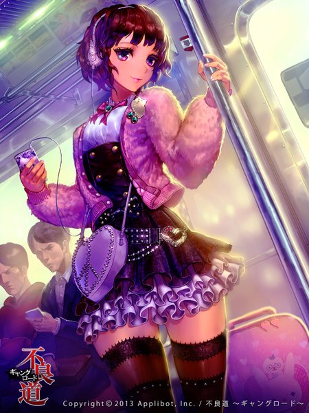 Anime picture 1500x2000 with furyou michi ~gang road~ original ozma (artist) single tall image looking at viewer short hair brown hair purple eyes from below girl thighhighs dress headphones bag people train