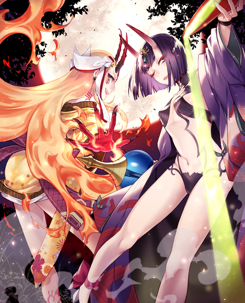 Anime picture 1012x1250 with fate (series) fate/grand order shuten douji (fate) ibaraki douji (fate) noes long hair tall image looking at viewer short hair light erotic blonde hair purple eyes multiple girls purple hair profile one eye closed horn (horns) fingernails outstretched arm long fingernails