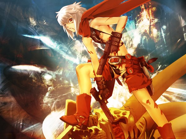 Anime picture 1600x1200 with bakuretsu tenshi jo (bakuretsu tenshi) white hair red hair girl weapon boots scarf gun red scarf mecha