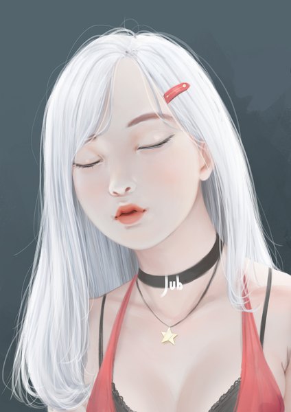 イラスト 2480x3508 と オリジナル mio (jubi) jubi (regiana) ソロ 長髪 長身像 highres simple background 肩出し signed upper body white hair eyes closed lips realistic lipstick dark background red lipstick メガネオフ 女の子