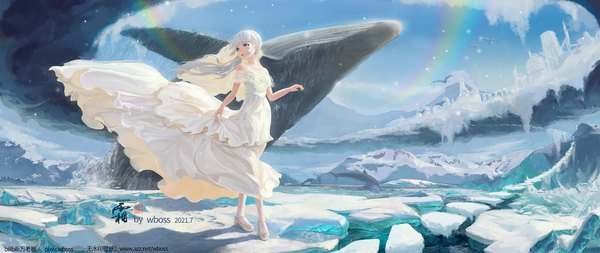 Anime picture 2370x1000 with original wboss single long hair highres open mouth blue eyes smile wide image standing signed looking away sky cloud (clouds) full body outdoors wind grey hair shadow dated