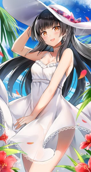 Anime picture 1000x1882 with idolmaster idolmaster shiny colors mayuzumi fuyuko ginn (hzh770121) single long hair tall image looking at viewer blush fringe breasts open mouth light erotic black hair smile standing bare shoulders brown eyes payot sky