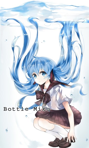 Anime picture 965x1600 with vocaloid hatsune miku bottle miku mekooo single long hair tall image looking at viewer highres sitting twintails pleated skirt aqua eyes aqua hair short sleeves character names symbol-shaped pupils underwater girl skirt