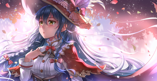 Anime picture 2872x1500 with love live! school idol project sunrise (studio) love live! sonoda umi miazi single long hair blush highres wide image brown eyes blue hair looking away braid (braids) girl dress bow hair bow hat petals