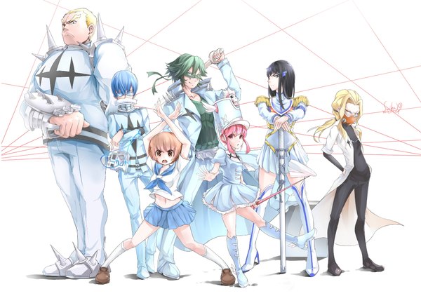 Anime picture 2124x1494 with kill la kill studio trigger kiryuuin satsuki jakuzure nonon mankanshoku mako gamagoori ira sanageyama uzu inumuta houka iori shirou suikaxd long hair looking at viewer highres short hair open mouth black hair simple background blonde hair smile brown hair