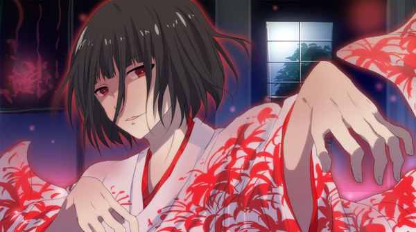 Anime picture 1000x559 with idolmaster idolmaster side-m kiyosumi kurou nemurakko single looking at viewer fringe short hair open mouth black hair smile hair between eyes red eyes wide image upper body indoors traditional clothes japanese clothes floral print shaded face