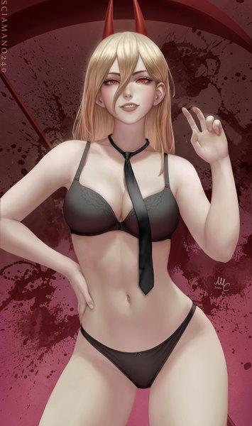 Anime picture 1774x3000 with chainsaw man mappa power (chainsaw man) sciamano240 single long hair tall image looking at viewer blush fringe highres breasts light erotic blonde hair smile hair between eyes red eyes large breasts standing signed