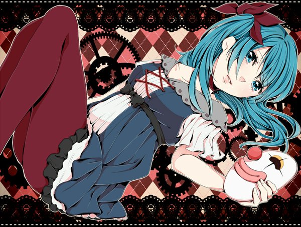 Anime picture 1000x756 with vocaloid karakuri pierrot (vocaloid) hatsune miku hiro satochi single long hair looking at viewer aqua eyes aqua hair girl dress bow hair bow pantyhose mask