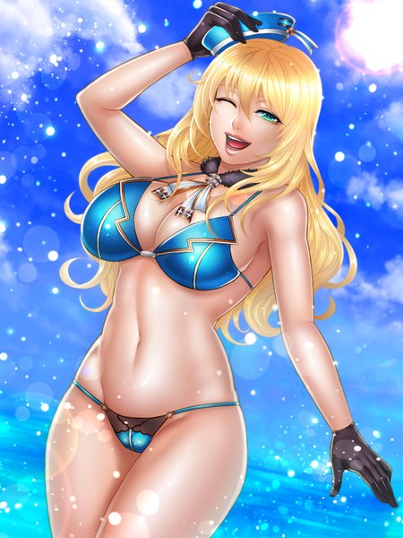 Anime picture 1125x1500 with kantai collection atago heavy cruiser momoman (pink voltage) single long hair tall image breasts open mouth blue eyes light erotic blonde hair large breasts sky cloud (clouds) one eye closed wink girl gloves navel swimsuit