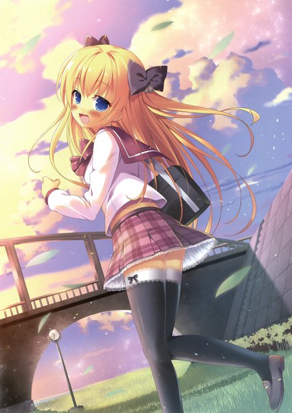 Anime picture 2481x3500 with original pikazo (artist) single long hair tall image blush highres blue eyes blonde hair sky cloud (clouds) looking back scan official art girl thighhighs skirt bow black thighhighs hair bow