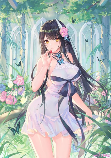 Anime picture 1240x1754 with azur lane hiei (azur lane) atdan single long hair tall image looking at viewer blush fringe breasts light erotic black hair large breasts standing holding yellow eyes hair flower halterneck girl dress
