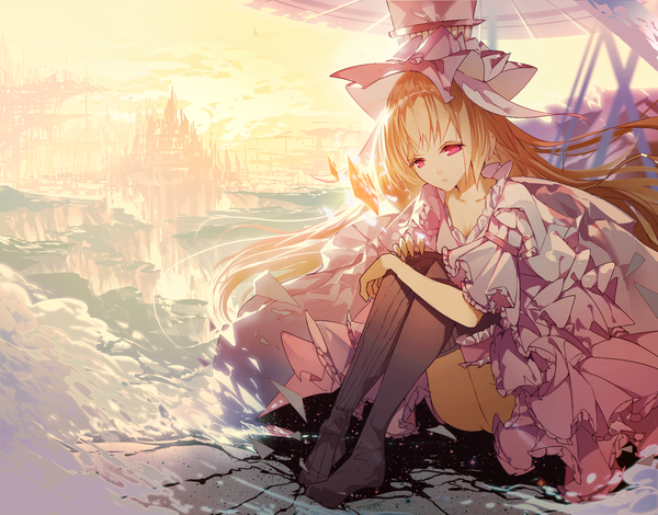 Anime picture 1509x1182 with original ajahweea single long hair fringe blonde hair red eyes sitting payot looking away full body bent knee (knees) outdoors short sleeves no shoes frilled dress fantasy hand on knee leg hug empty eyes