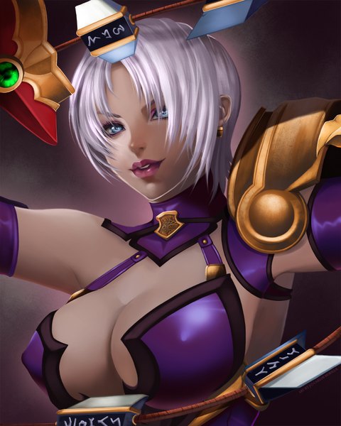 Anime picture 1280x1600 with soulcalibur ivy cmorilla (artist) single tall image looking at viewer short hair breasts blue eyes light erotic large breasts silver hair lips armpit (armpits) dark skin girl weapon earrings
