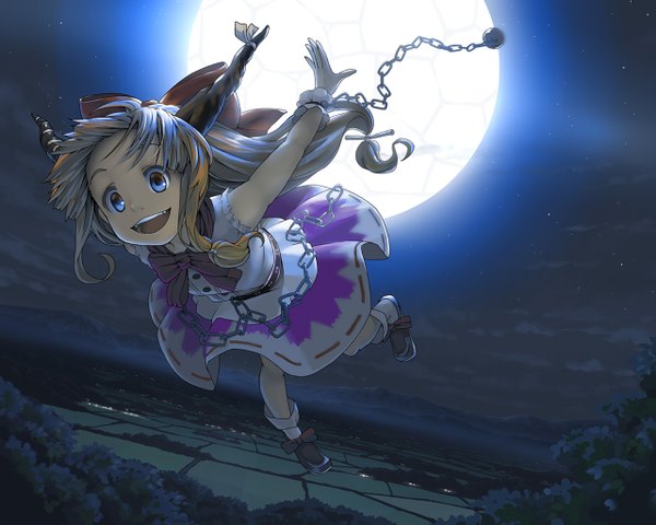 Anime picture 1280x1024 with touhou ibuki suika kuro oolong single long hair open mouth blue eyes blonde hair horn (horns) night night sky spread arms flying landscape girl skirt bow hair bow belt moon
