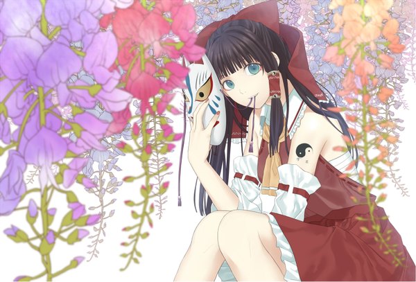 Anime picture 1622x1101 with touhou hakurei reimu kosagi midori single long hair looking at viewer fringe blue eyes sitting traditional clothes japanese clothes tattoo yin yang girl dress flower (flowers) bow hair bow detached sleeves mask