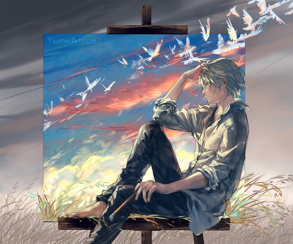 Anime picture 1620x1350 with original yuumei single fringe blue eyes sitting signed looking away sky silver hair cloud (clouds) bent knee (knees) profile barefoot evening sunset hand on head landscape optical illusion boy