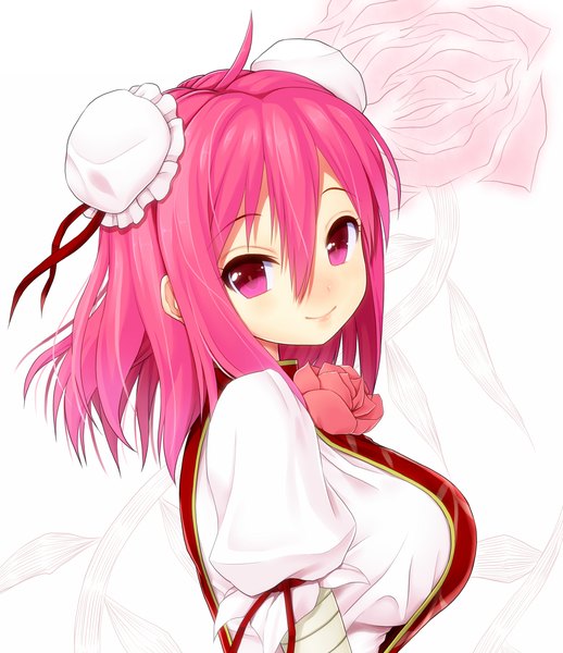 Anime picture 1000x1158 with touhou ibaraki kasen asamura hiori single tall image looking at viewer short hair smile pink hair pink eyes girl flower (flowers) bun cover