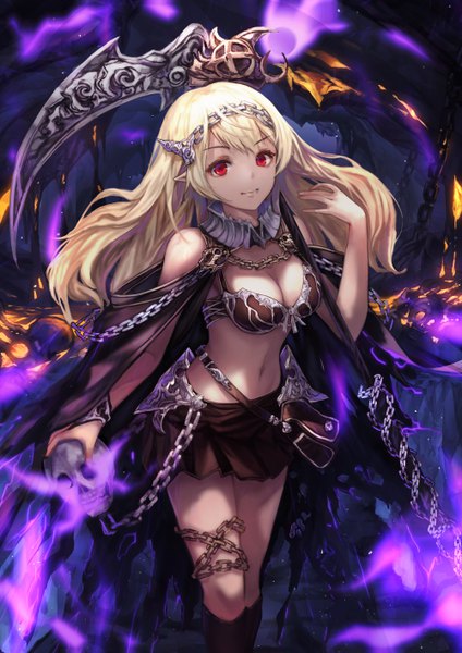 Anime-Bild 4000x5658 mit original yohaku single long hair tall image looking at viewer fringe highres breasts light erotic blonde hair smile red eyes standing holding absurdres cleavage pleated skirt pointy ears floating hair