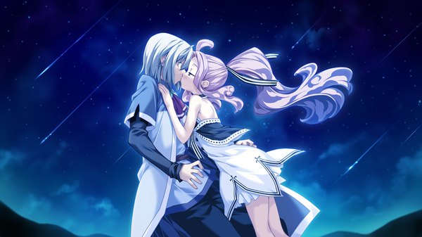 Anime picture 1024x576 with taiyou no promia taiyou no promia flowering days kodama (taiyou no promia) cachette long hair short hair wide image pink hair game cg silver hair ponytail night couple kiss girl dress boy
