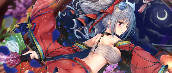 Anime picture 2078x888 with idolmaster idolmaster cinderella girls kanzaki ranko kuria (clear trip second) single long hair blush fringe highres breasts open mouth light erotic hair between eyes red eyes wide image large breasts standing twintails bare shoulders holding