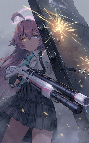 Anime picture 1296x2083 with blue archive hoshino (blue archive) greenkohgen single long hair tall image fringe hair between eyes looking away pink hair ahoge pleated skirt heterochromia trigger discipline girl skirt gloves uniform weapon school uniform