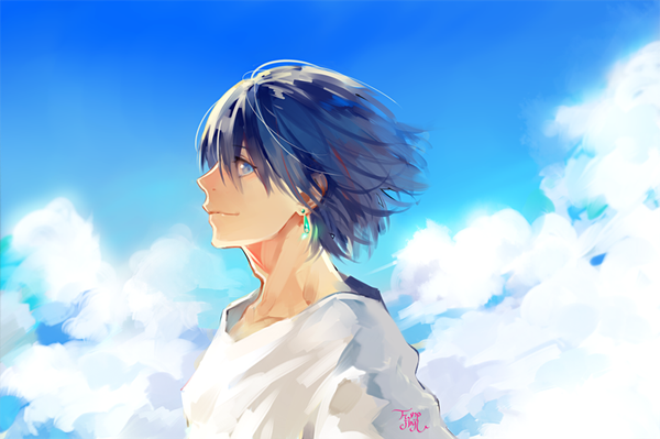 Anime picture 800x533 with howl's moving castle studio ghibli howl funpjinju single looking at viewer fringe short hair blue eyes smile signed blue hair sky cloud (clouds) red hair wind boy earrings shirt white shirt