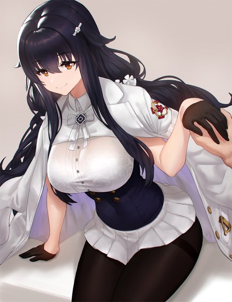 Anime picture 832x1080 with azur lane azuma (azur lane) edward montenegro long hair tall image looking at viewer fringe breasts light erotic black hair simple background smile hair between eyes large breasts sitting brown eyes payot pleated skirt from above arm support