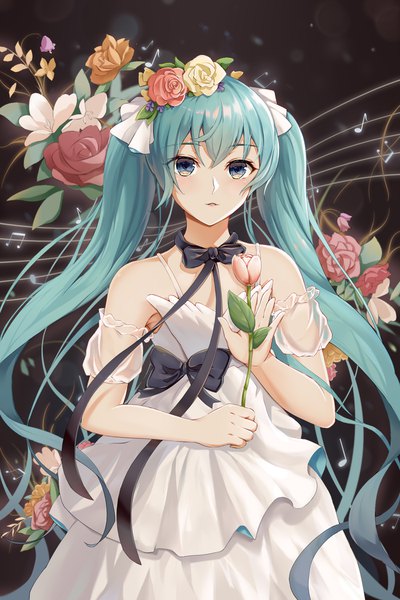 Anime-Bild 1400x2100 mit vocaloid miku with you (vocaloid) hatsune miku qing ming single long hair tall image looking at viewer blush fringe open mouth blue eyes hair between eyes standing twintails bare shoulders holding payot hair flower aqua hair