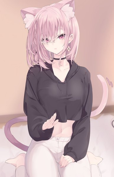 Anime picture 2631x4093 with original paryi single tall image looking at viewer fringe highres short hair open mouth sitting animal ears pink hair indoors tail braid (braids) animal tail pink eyes barefoot cat ears hair over one eye