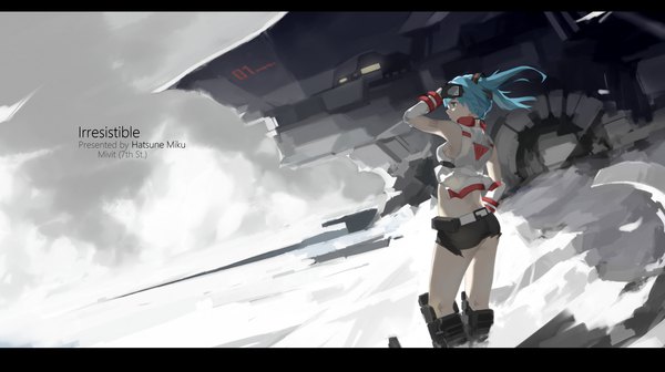 Anime picture 2500x1400 with vocaloid hatsune miku mivit single highres breasts blue eyes wide image standing twintails signed blue hair looking away ass profile arm up wind character names text letterboxed