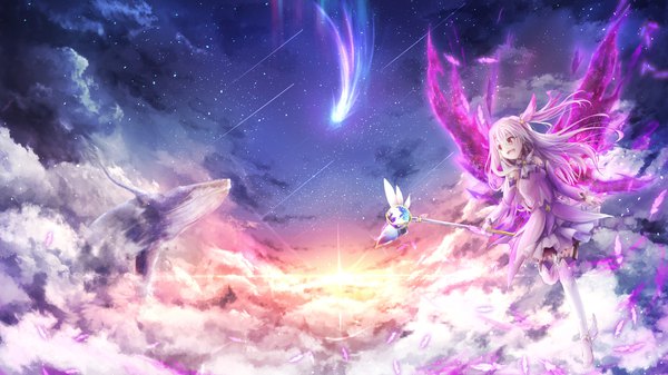 Anime picture 1920x1080 with fate (series) fate/kaleid liner prisma illya illyasviel von einzbern prisma illya magical ruby magical sapphire utatanecocoa single long hair blush fringe highres open mouth hair between eyes red eyes wide image bare shoulders holding looking away cloud (clouds)