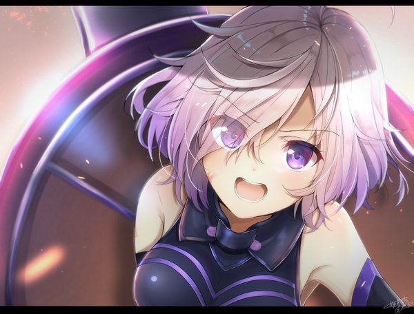 Anime picture 1334x1014 with fate (series) fate/grand order mash kyrielight himemiya shuang single looking at viewer fringe short hair purple eyes bare shoulders signed pink hair hair over one eye letterboxed screaming girl